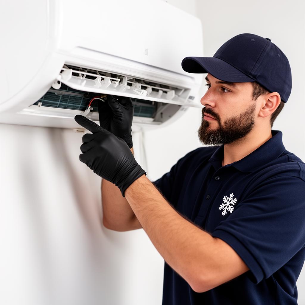 Επαγγελματίας ψυκτικός εγκαθιστά κλιματιστικό
